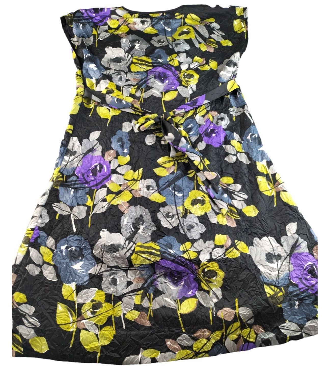 Monsoon Womens Black Floral Tie Back Creased Feel Fit & Flare Dress Size UK 16