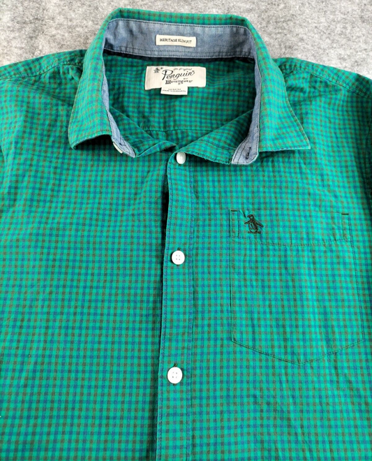 Original Penguin Mens Green Long Sleeve Checked Slim Fit Button Up Shirt Size M