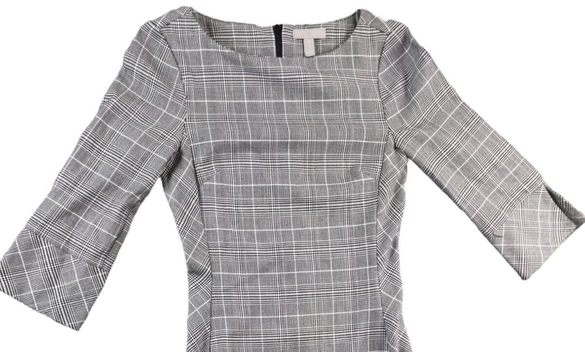 H&M Womens Grey Plaid Houndstooth Print Boat Neck 3/4 Bow Sleeve Dress Size UK 6