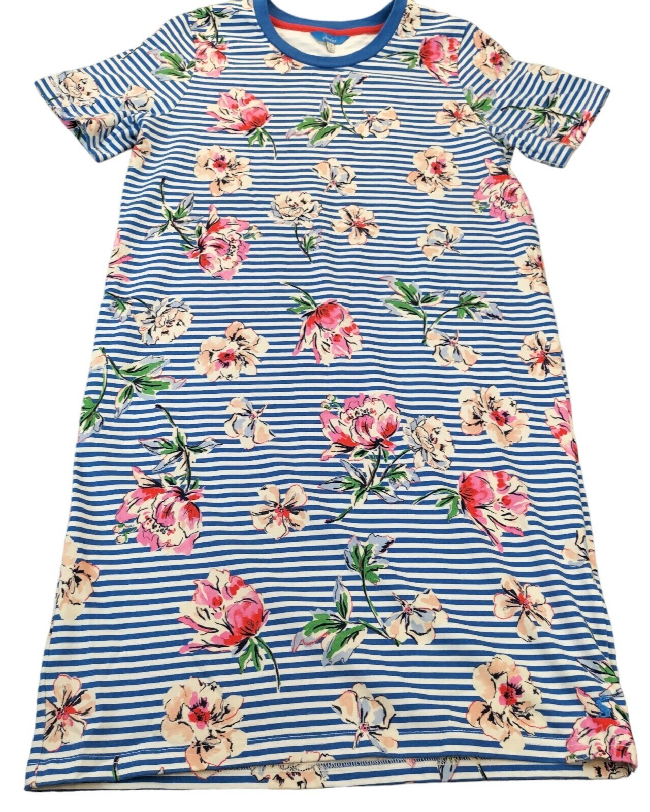 Joules Womens Blue White Striped Cotton Round Neck Floral T-Shirt Dress Size 10