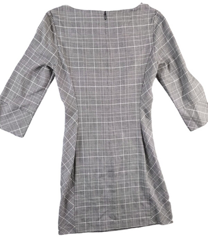 H&M Womens Grey Plaid Houndstooth Print Boat Neck 3/4 Bow Sleeve Dress Size UK 6