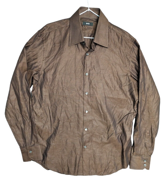 HUGO BOSS Mens Brown Stripped 100% Cotton Long Sleeve Button Up Shirt Size 16