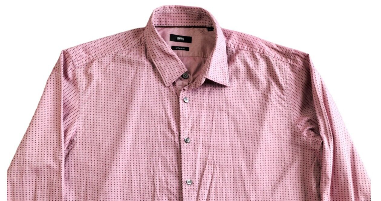 HUGO BOSS Mens Pink Check Long Sleeve Regular Fit Button Up Dress Shirt Size 2XL