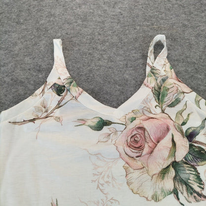 Womens White Floral Sleeveless Straps Polyester Camisole Tops Tank Size M