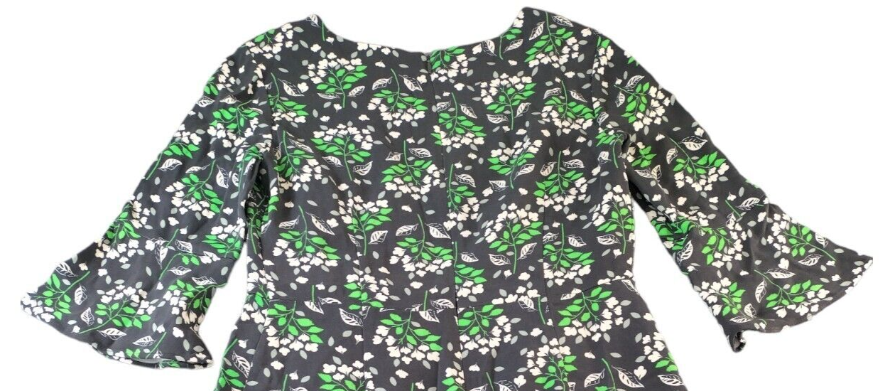 Boden Womens Black Leaf Print 3/4 Bell Sleeve Back Zip Shift Dress Size 10