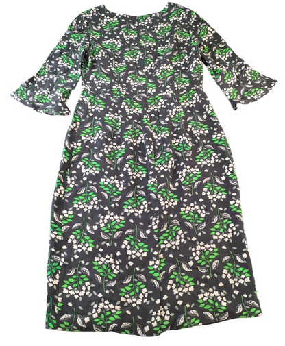 Boden Womens Black Leaf Print 3/4 Bell Sleeve Back Zip Shift Dress Size 10