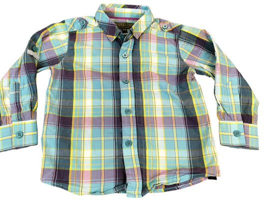 Ted Baker Boys Blue Cotton Plaid Long Sleeves Button-Up Shirt Size 18-24 Months