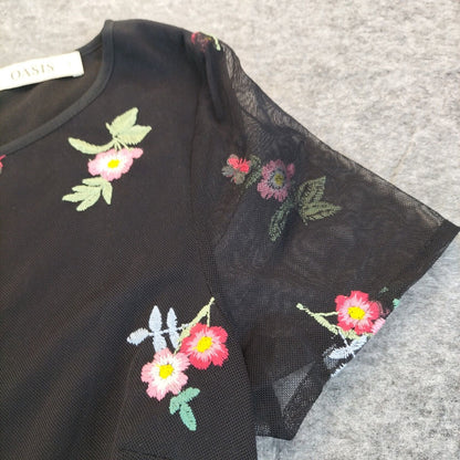 Oasis Womens Black Short Sleeve Floral Embroidered Back Zipper Skater Dress Sz S