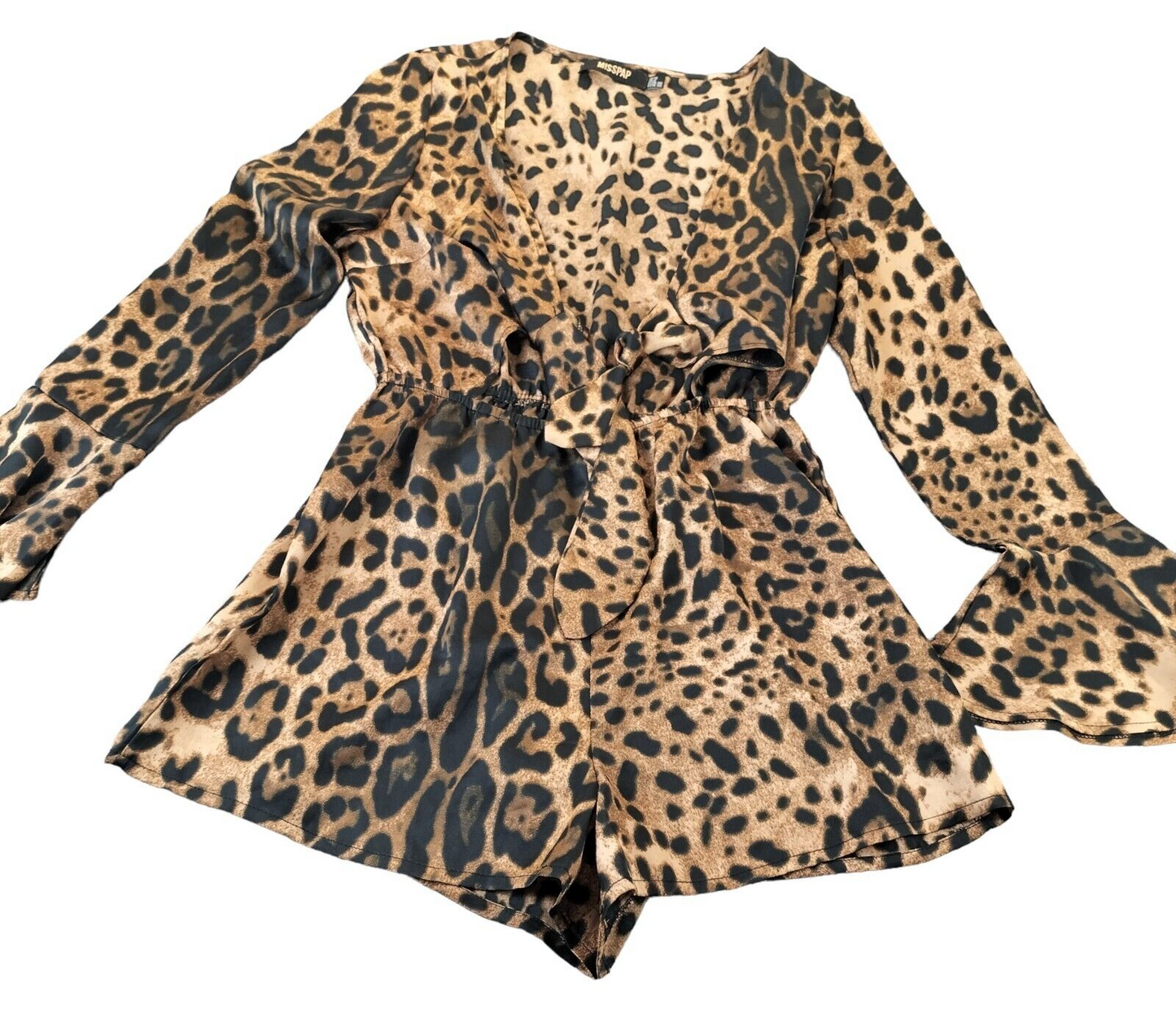 Misspap Womens Brown Black Bell Sleeves Animal Print Fit & Flare Playsuit Size 10