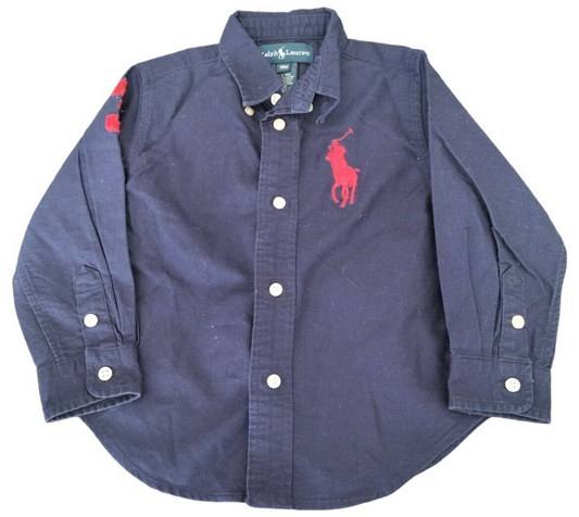 Ralph Lauren Baby Boys Navy Blue Embroidered Logo Button Down Shirt Sz 18 Months