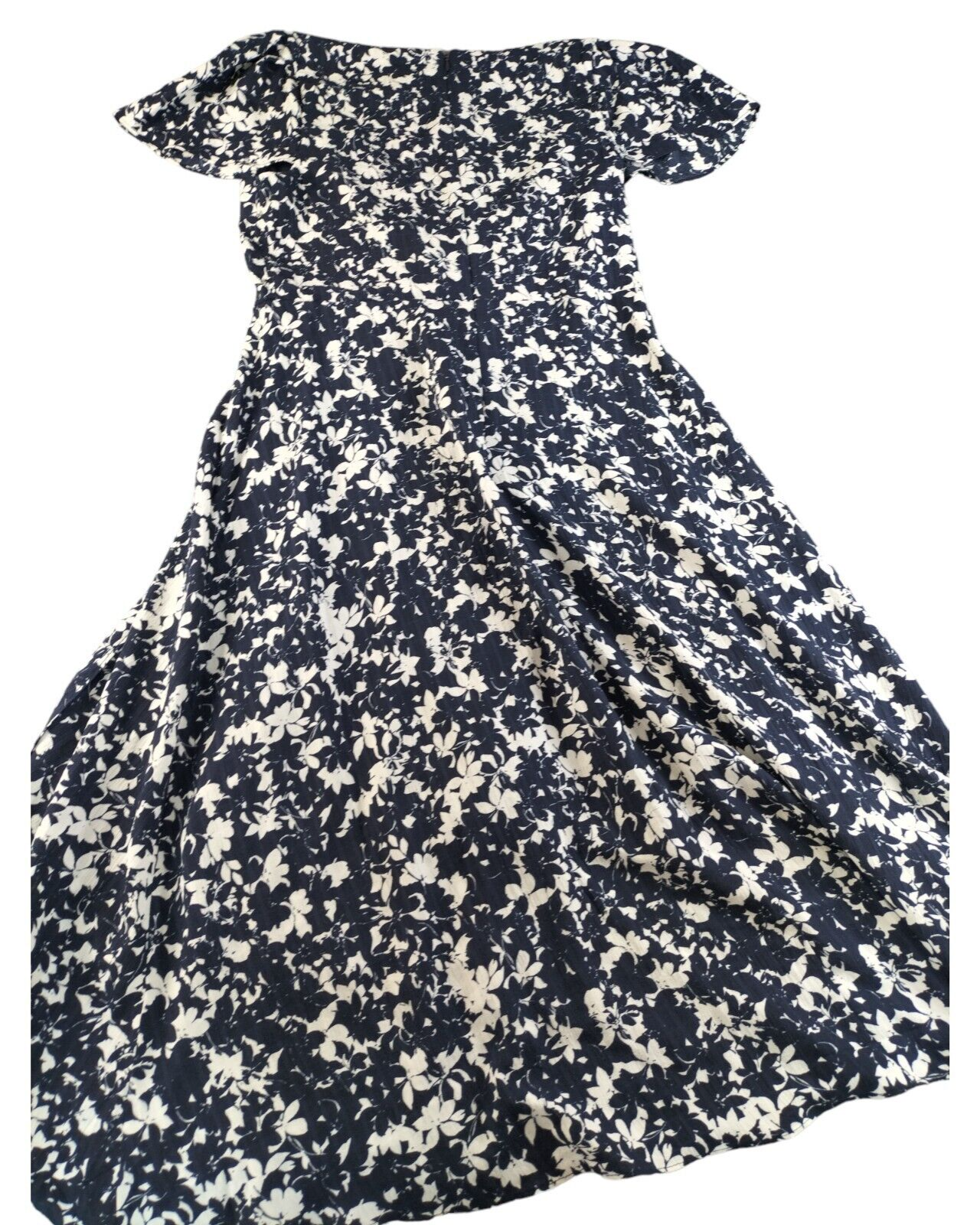 DKNY Womens Blue Floral V-Neck Flutter Sleeve Waist Tie Fit & Flare Dress Sz 10