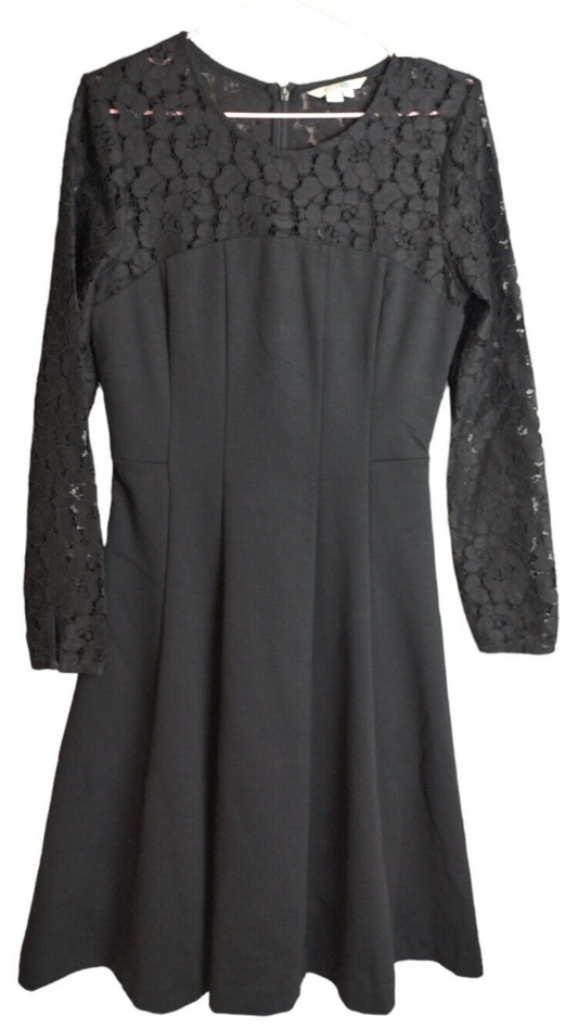 Boden Womens Black Lace Stretch Ponte Skater Long Sleeve Fit & Flare Dress Sz 8R