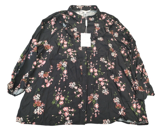 Clockhouse Women's Black Viscose Floral Collared Ruffled Button-Up Shirt Size 14