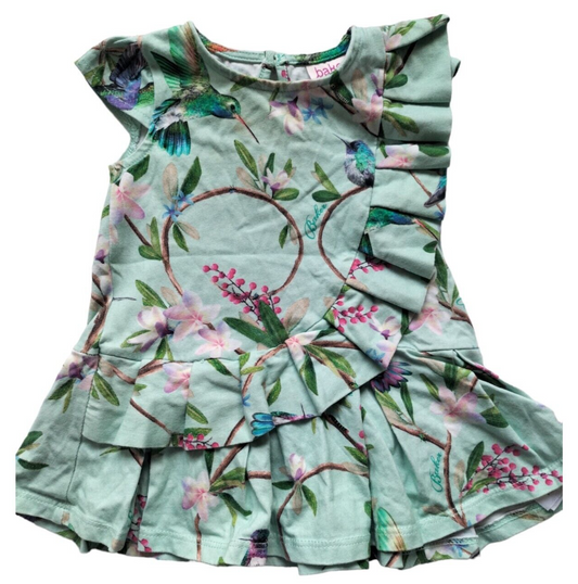 Ted Baker Baby Girl Green Floral Birds Cap Sleeve Fit & Flare Dress Sz 3-6 Month