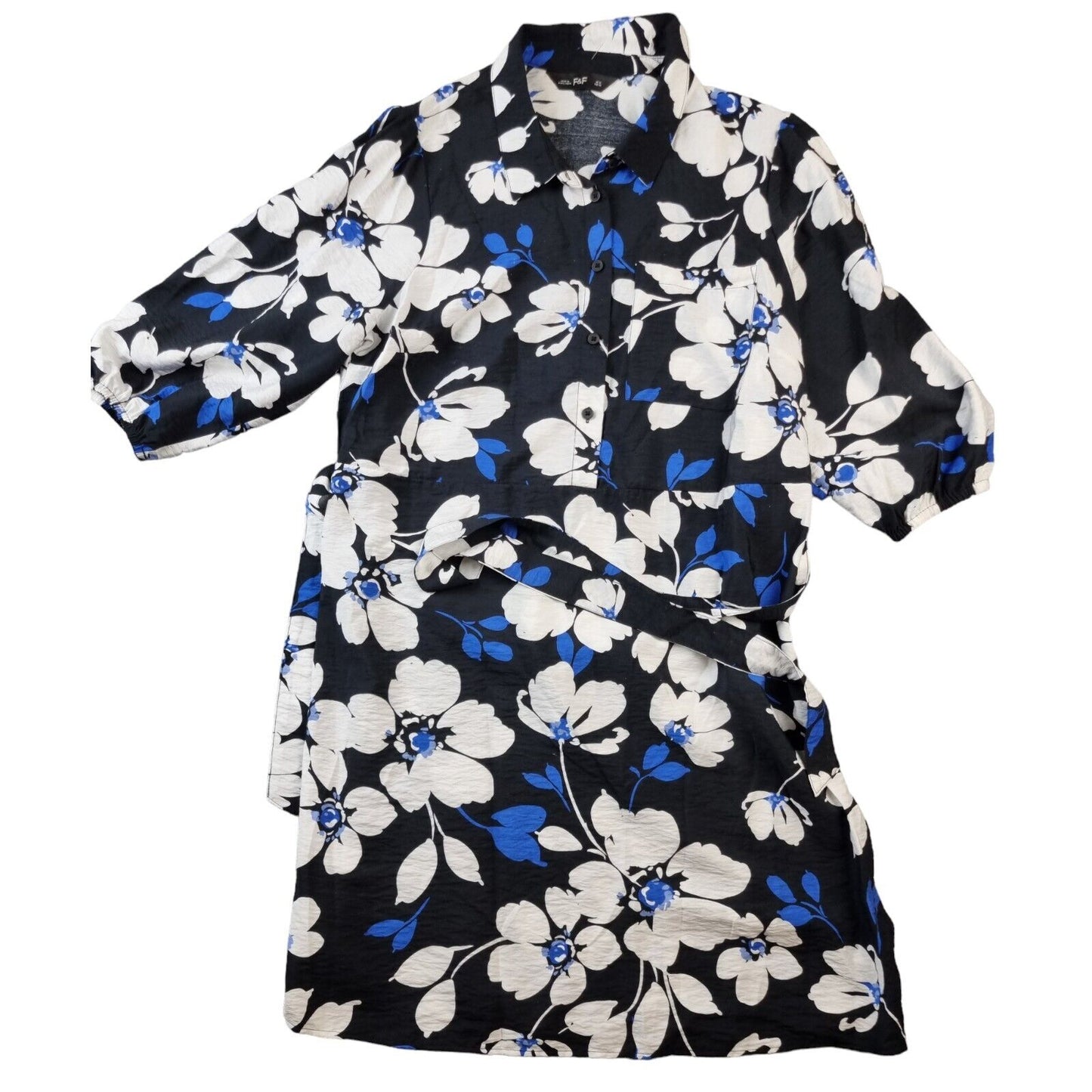 F&F Womens Black Overhead Tropical Floral Print Half Sleeve Shirt Dress Sz UK 14