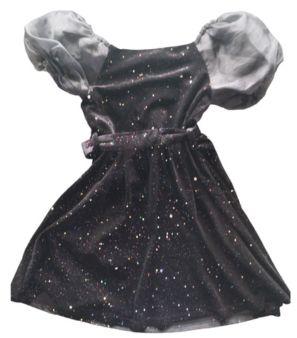 Monsoon Girls Black Square Neck Belted Puff Sleeve Pullover Sparkle Dress 7-8 Y