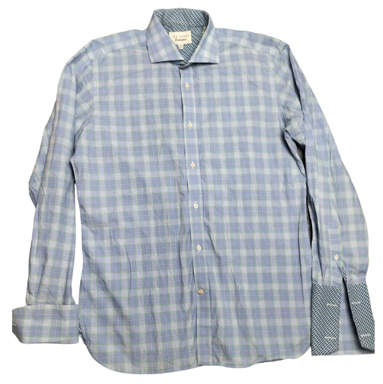 Ted Baker Endurance Mens Blue/White Plaid/Check Cotton Button Up Shirt Size 16