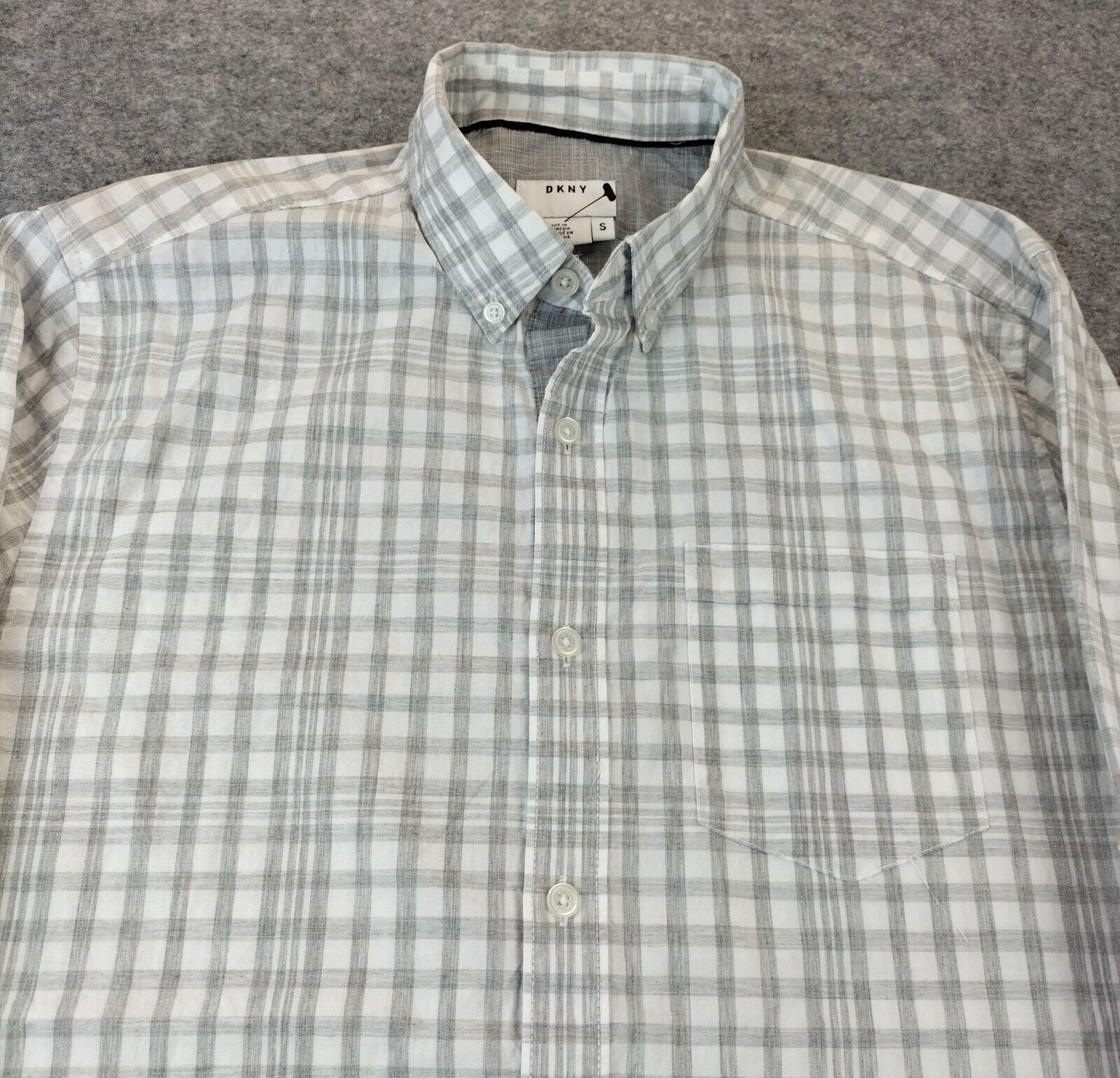 DKNY Mens White/Grey Check Cotton Pocket Long Sleeves Button Down Shirt Size S