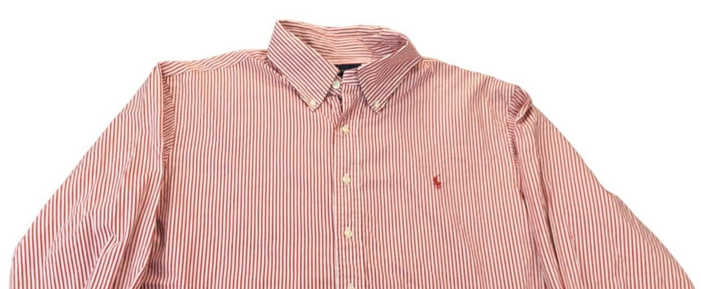 Polo Ralph Lauren Mens Red White Striped Logo Slim Fit Button Down Shirt Sz 17.5