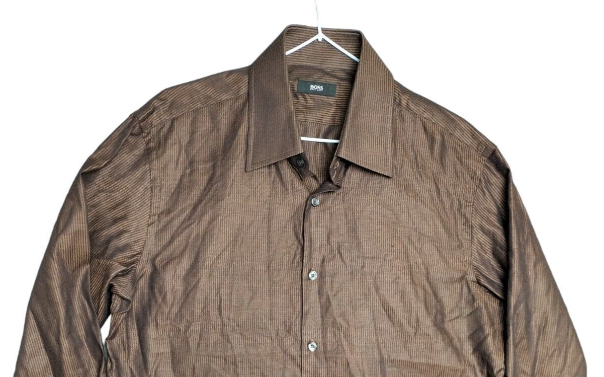 HUGO BOSS Mens Brown Stripped 100% Cotton Long Sleeve Button Up Shirt Size 16