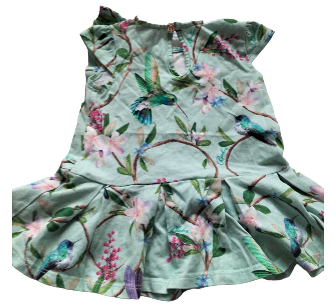 Ted Baker Baby Girl Green Floral Birds Cap Sleeve Fit & Flare Dress Sz 3-6 Month