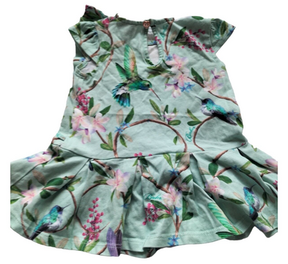 Ted Baker Baby Girl Green Floral Birds Cap Sleeve Fit & Flare Dress Sz 3-6 Month