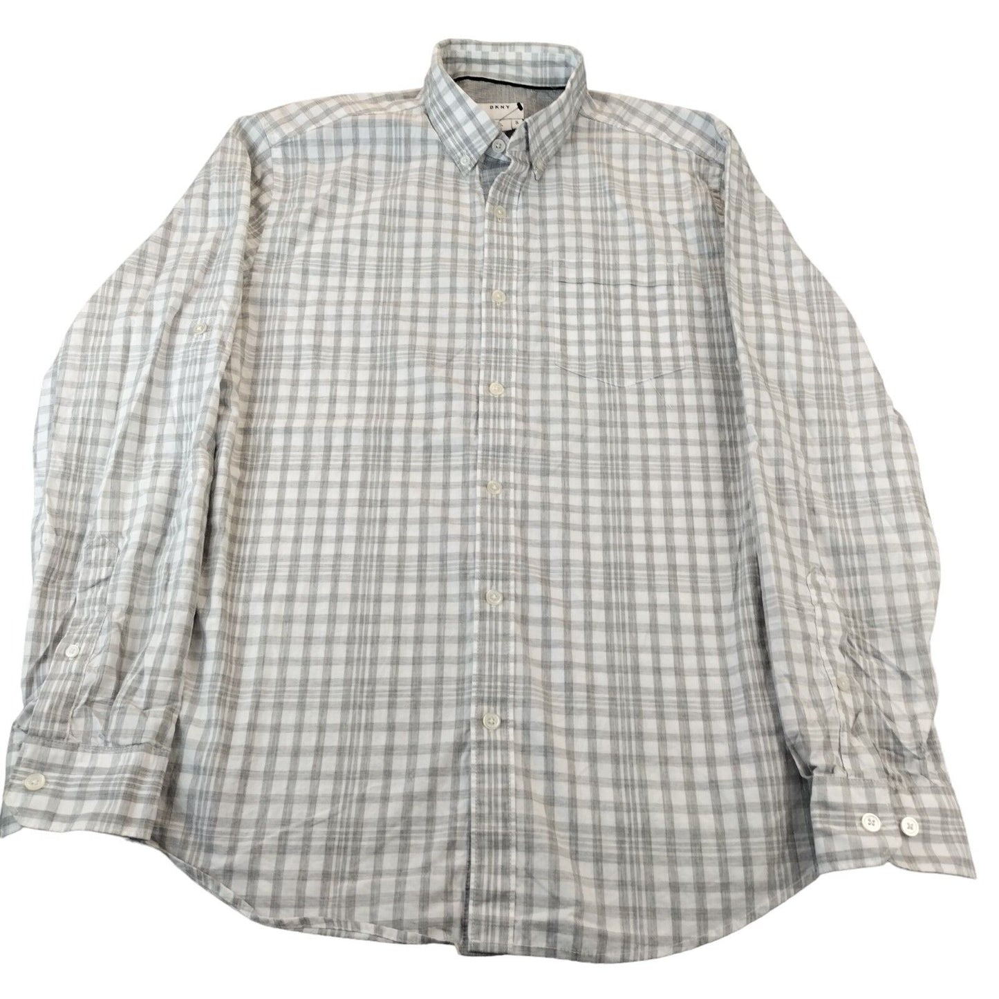 DKNY Mens White/Grey Check Cotton Pocket Long Sleeves Button Down Shirt Size S