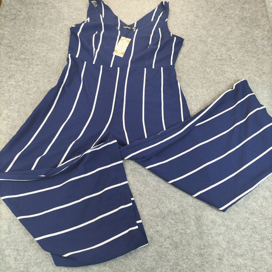 Boohoo Womens Blue Striped Sleeveless V-Neck Pullover Polyester Playsuit Size 16