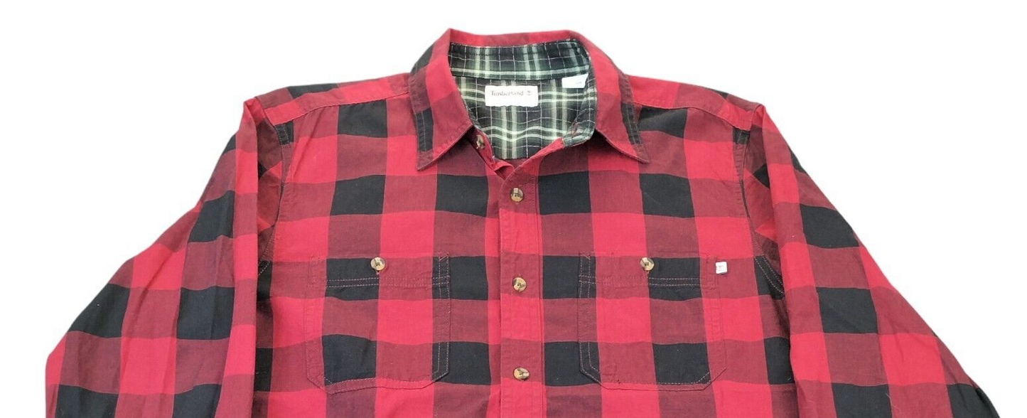 Timberland Mens Red/Black Check Front Pockets Long Sleeve Button Up Shirt Size S