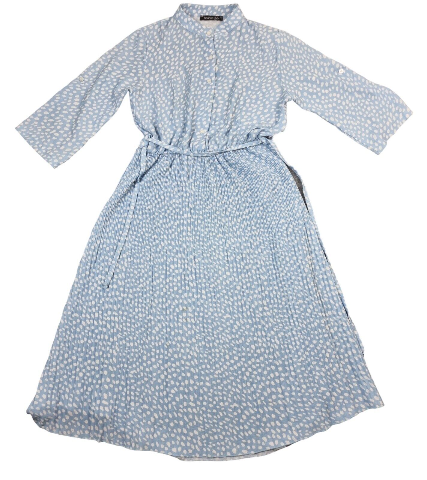 Boohoo Womens Blue/White Polka Dots 3/4 Sleeve Pleated Maxi Shirt Dress Size 10