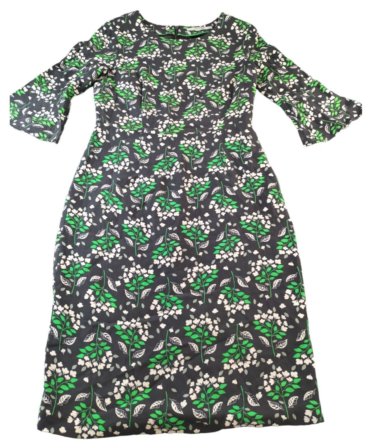 Boden Womens Black Leaf Print 3/4 Bell Sleeve Back Zip Shift Dress Size 10