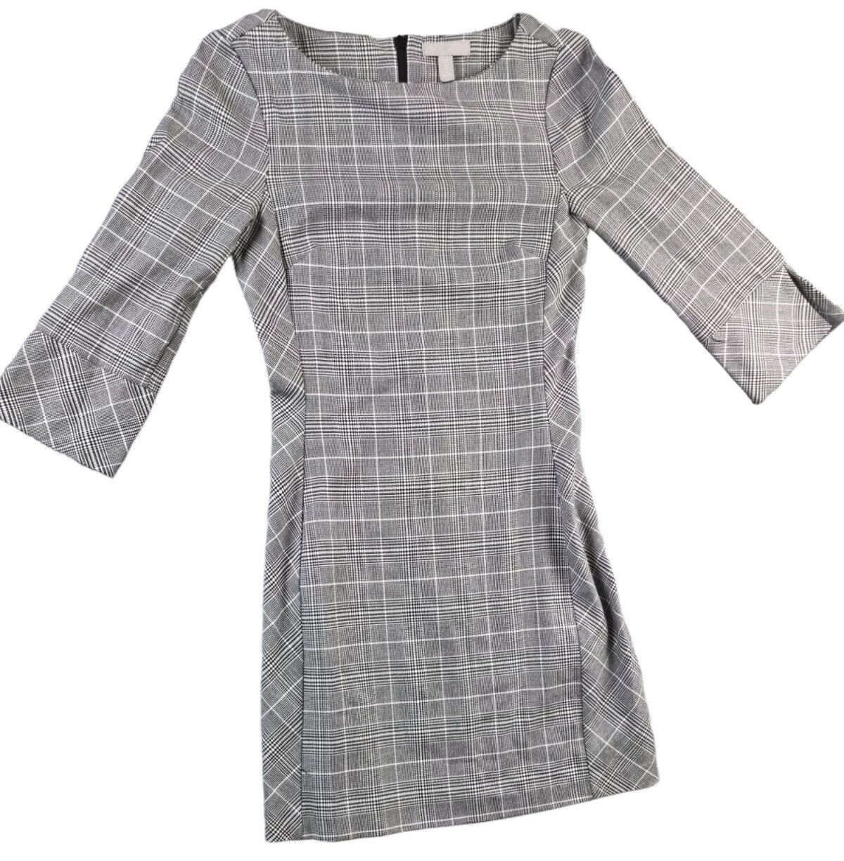 H&M Womens Grey Plaid Houndstooth Print Boat Neck 3/4 Bow Sleeve Dress Size UK 6