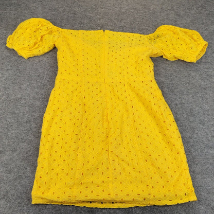 Katch Me Womens Yellow Scoop Neck Eyelet Front Tie Puff Sleeve Mini Dress Size M