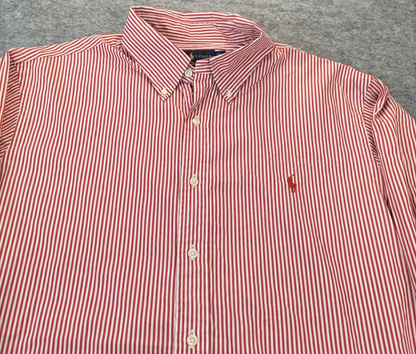 Polo Ralph Lauren Mens Red White Striped Logo Slim Fit Button Down Shirt Sz 17.5