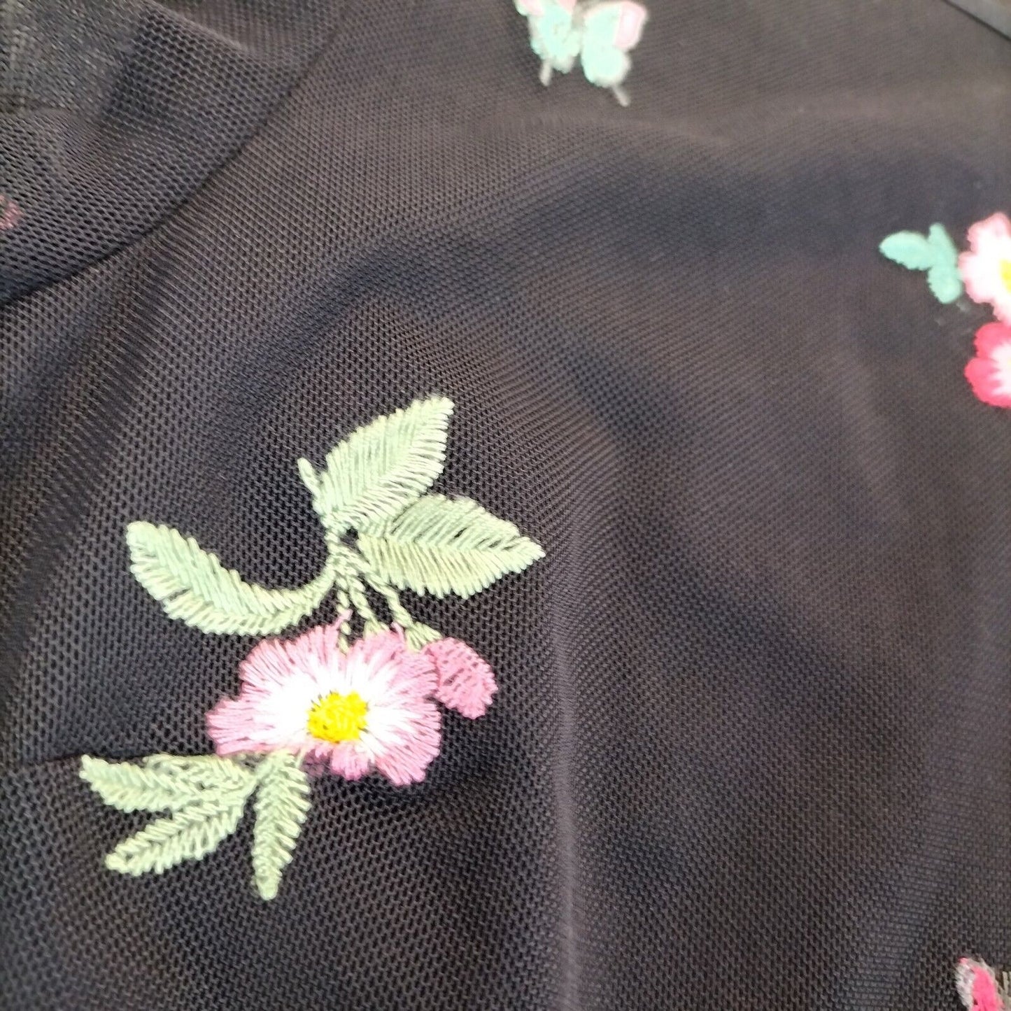 Oasis Womens Black Short Sleeve Floral Embroidered Back Zipper Skater Dress Sz S