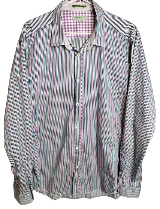 Ted Baker London Mens Multicoloured Striped Long Sleeve Button Up Shirt Size 5