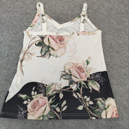 Womens White Floral Sleeveless Straps Polyester Camisole Tops Tank Size M