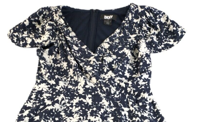 DKNY Womens Blue Floral V-Neck Flutter Sleeve Waist Tie Fit & Flare Dress Sz 10