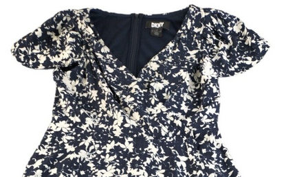 DKNY Womens Blue Floral V-Neck Flutter Sleeve Waist Tie Fit & Flare Dress Sz 10