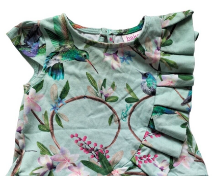 Ted Baker Baby Girl Green Floral Birds Cap Sleeve Fit & Flare Dress Sz 3-6 Month