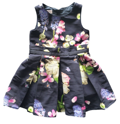 Ted Baker Girls Black Floral Sleeveless Back Zip Pleated Dress Size 18-24 Months