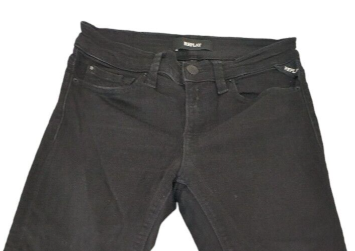 Replay Womens Black Ripped Pockets Zip Fly Stretch Mid Rise Skinny Jeans Sz 24W