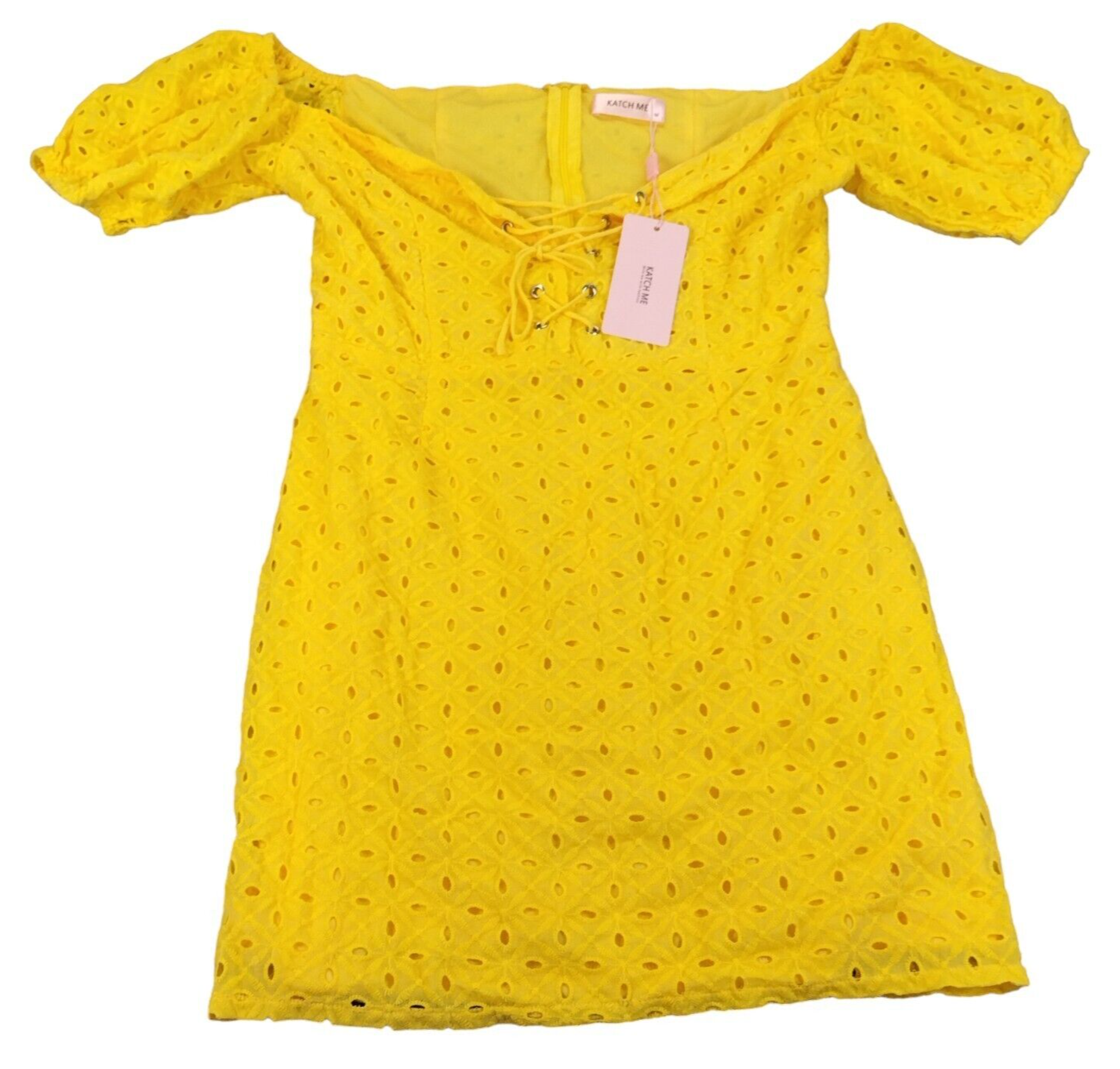 Katch Me Womens Yellow Scoop Neck Eyelet Front Tie Puff Sleeve Mini Dress Size M