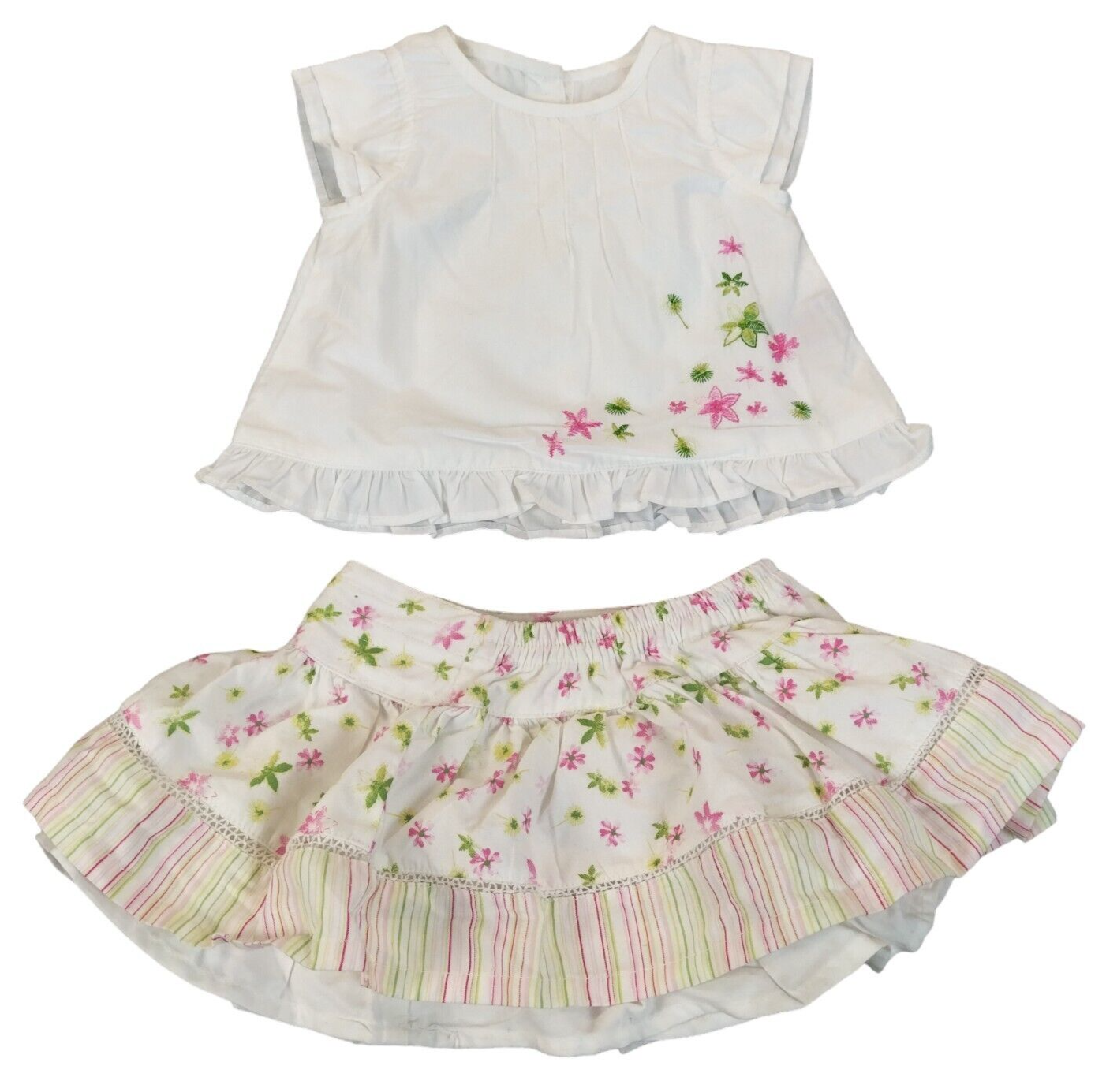 Baby Girls White Floral Cotton 2 Pieces Casual Dress Set Size 0-0 Months