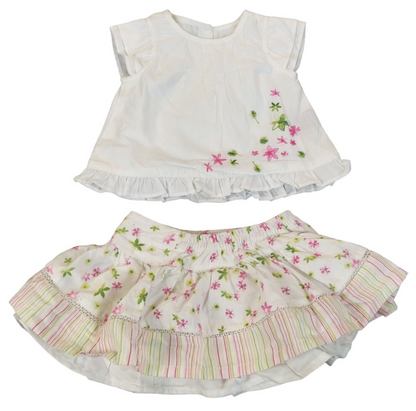 Baby Girls White Floral Cotton 2 Pieces Casual Dress Set Size 0-0 Months