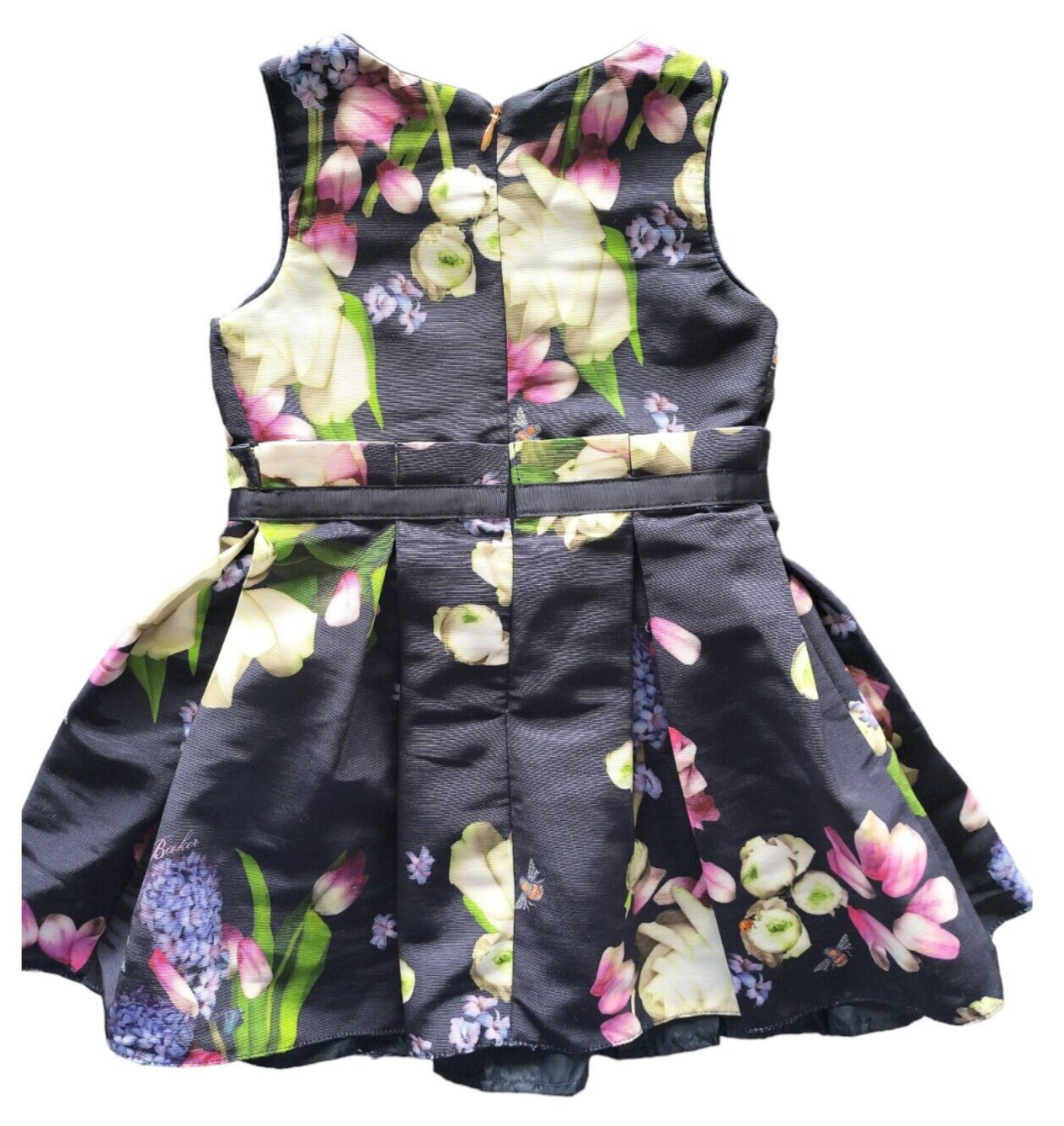 Ted Baker Girls Black Floral Sleeveless Back Zip Pleated Dress Size 18-24 Months