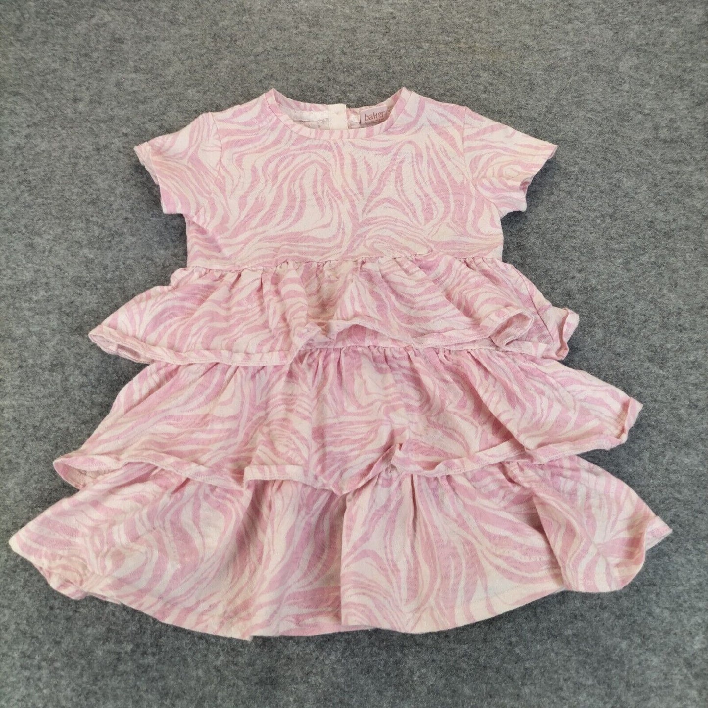 Ted Baker Girls Pink Zebra Print Crew Neck Short Sleeve Ruffle Dress Sz 5-6 Yrs