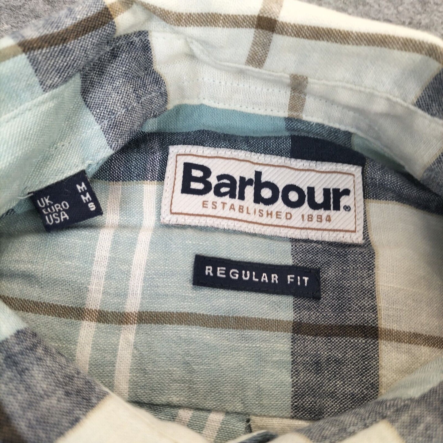 Barbour Mens White Blue Linen Plaid Short Sleeve Regular Fit Button-Up Shirt Sz M