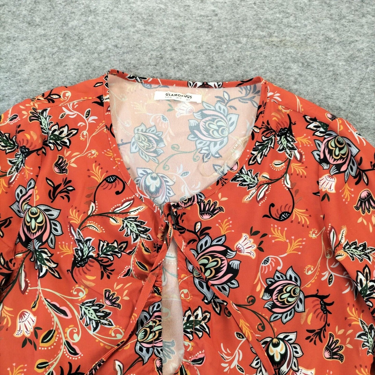 Glamorous Womens Orange Polyester V-Neck Floral Long Sleeve Tops Tank Size 12