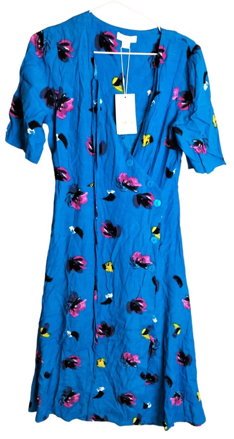 Monsoon Womens Blue Floral Viscose V-Neck Short Sleeve Maisie Midi Dress Sz UK 8